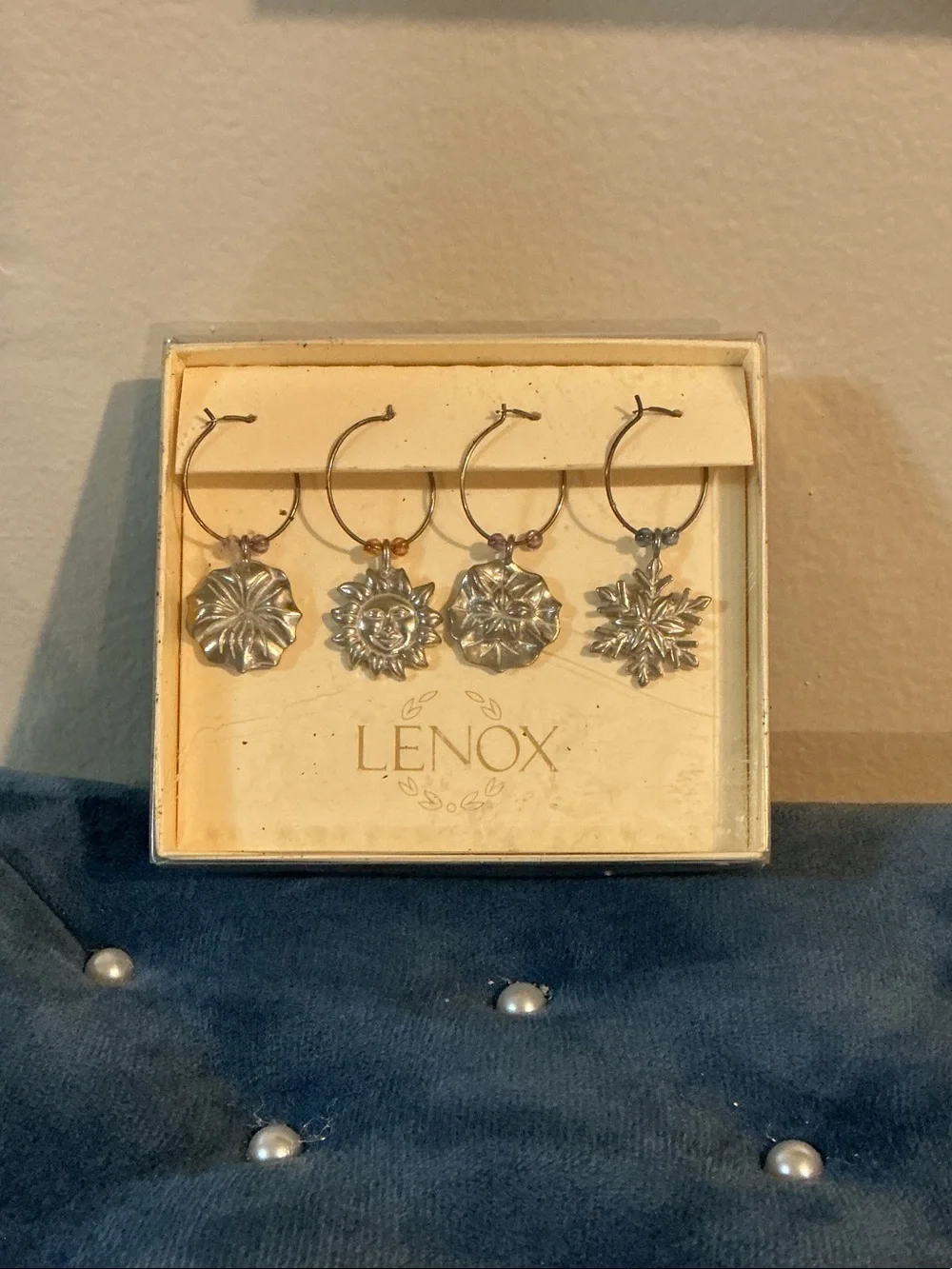 Lenox NEW IN BOX 4 Seasons Silver Wine Glass Charms Jewelry 1.5x0.75” Each